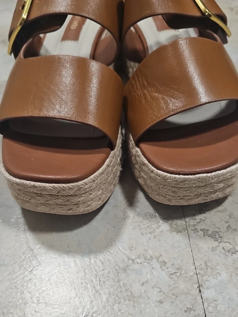 Franco Sarto Tan Brown Leather Double-Band Espadrille Wedges